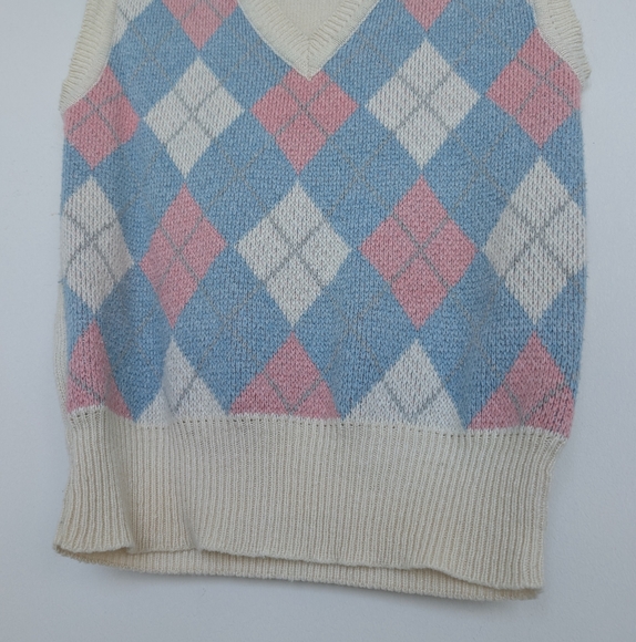 Vintage Argyle Sweater Vest Ramie Acrylic Blend Blue and Pink Sz S - Picture 7 of 13